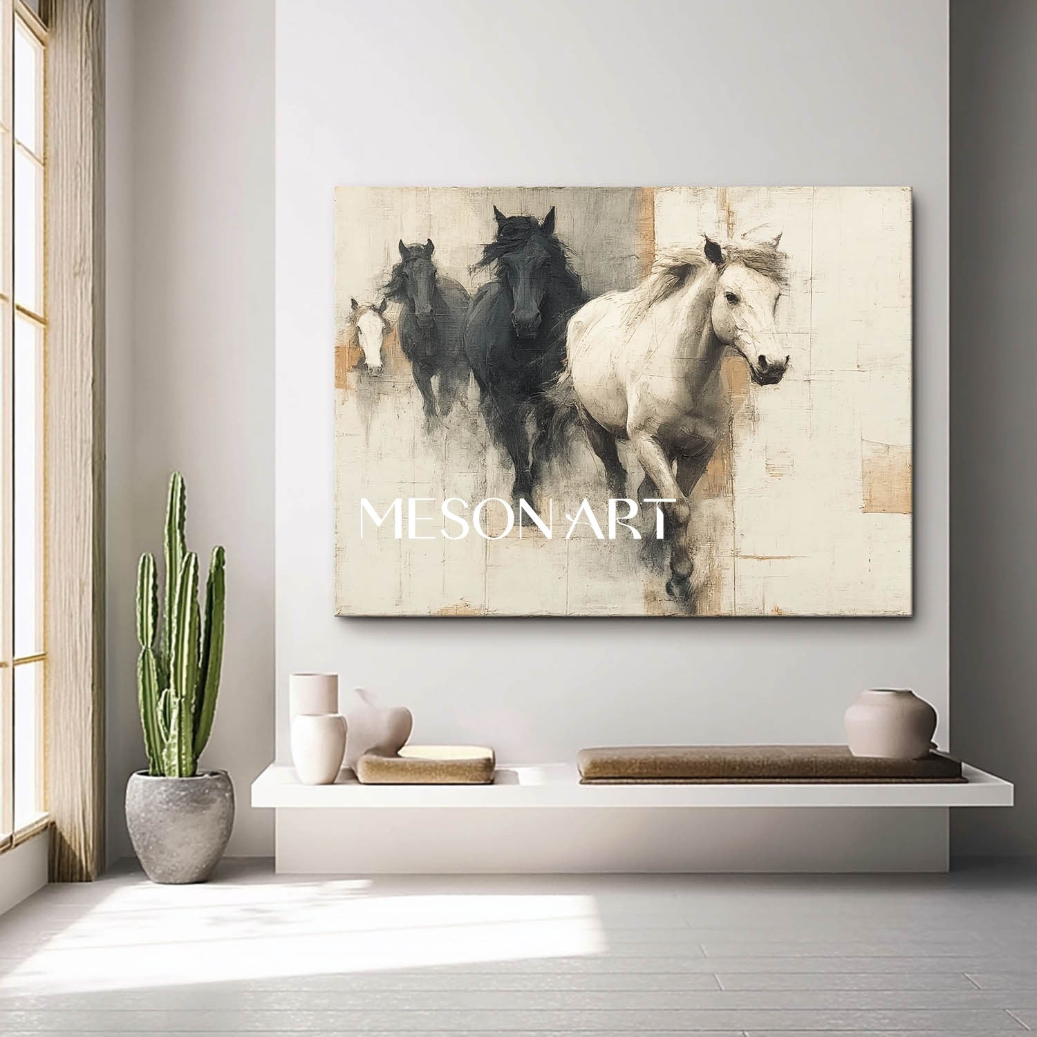 Large Beige And Black Horse Painting For Sale Beige And Black Canvas Wall Art Decoration