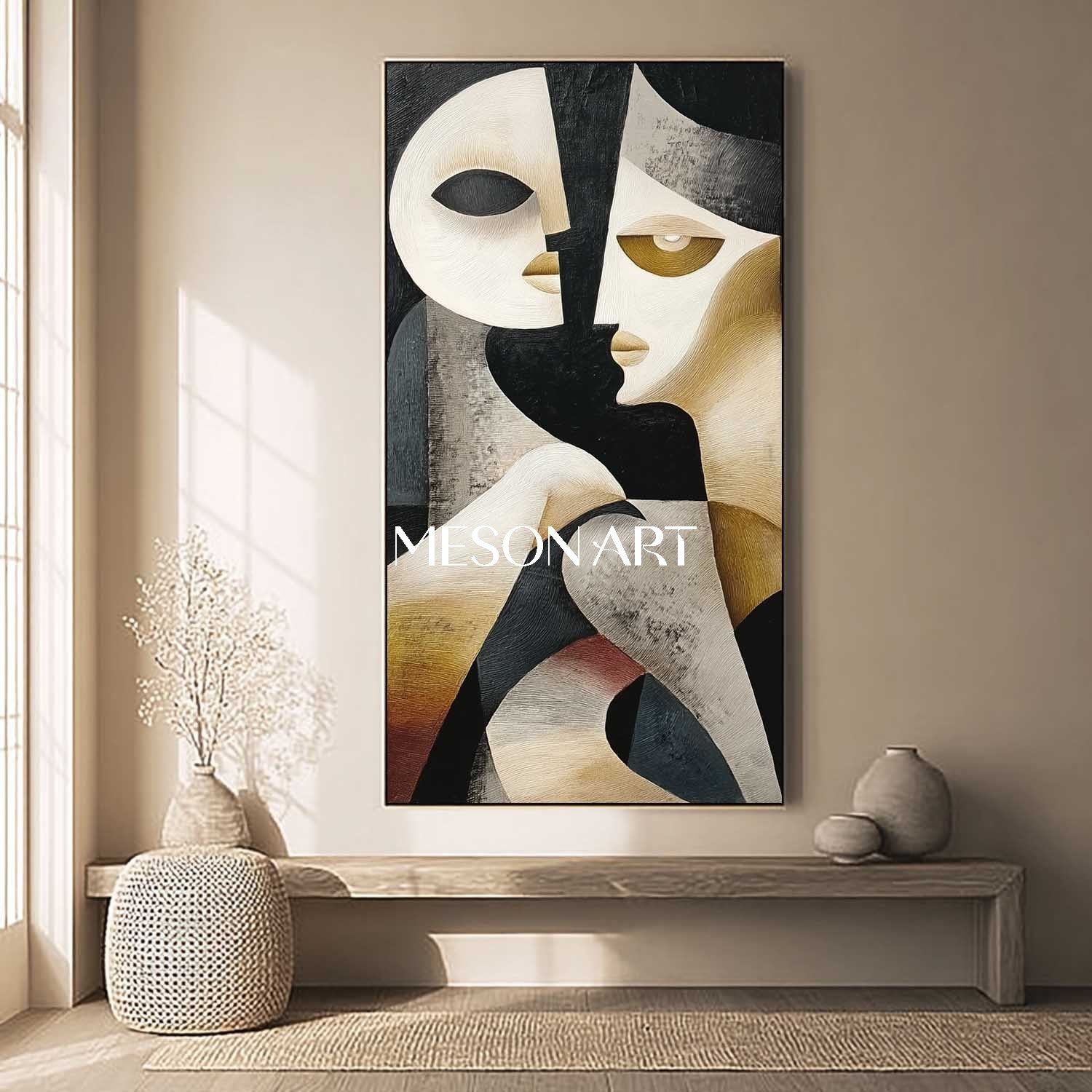 Black Vertical Abstract Cubist Textured Painting Canvas Living Room