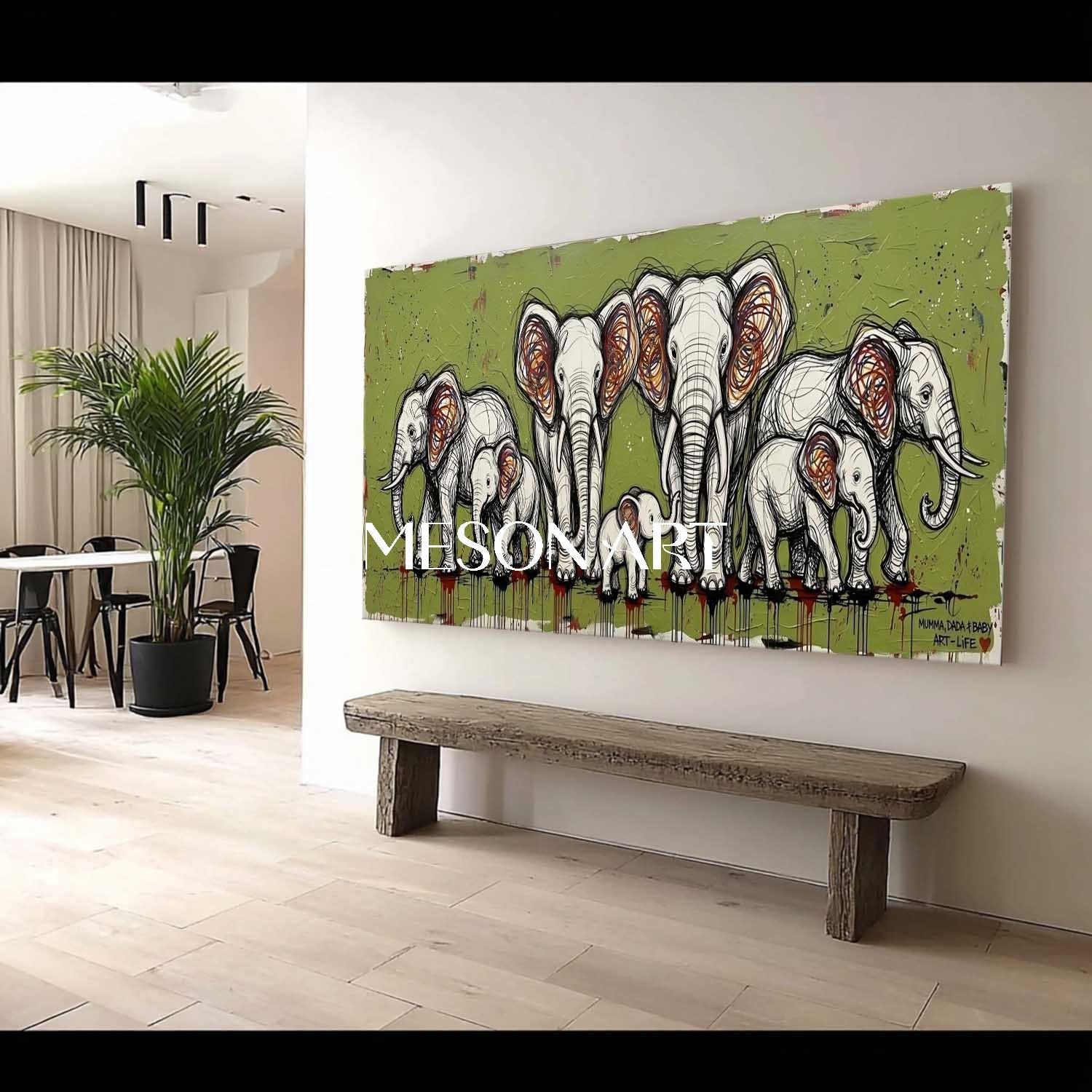 Abstract Elephant Family Oil Painting Large 3D Textured Canvas Wall Art Green Modern Home Decor