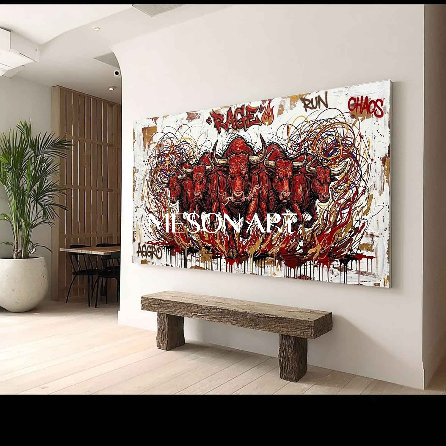 Textured Modern Red Bull Graffiti Painting on Canvas Large Panorama Framed Wall Art for Living Room