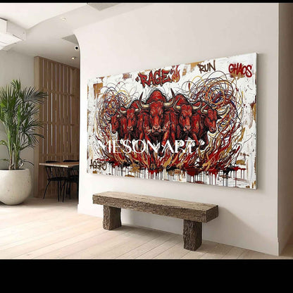 Textured Modern Red Bull Graffiti Painting on Canvas Large Panorama Framed Wall Art for Living Room
