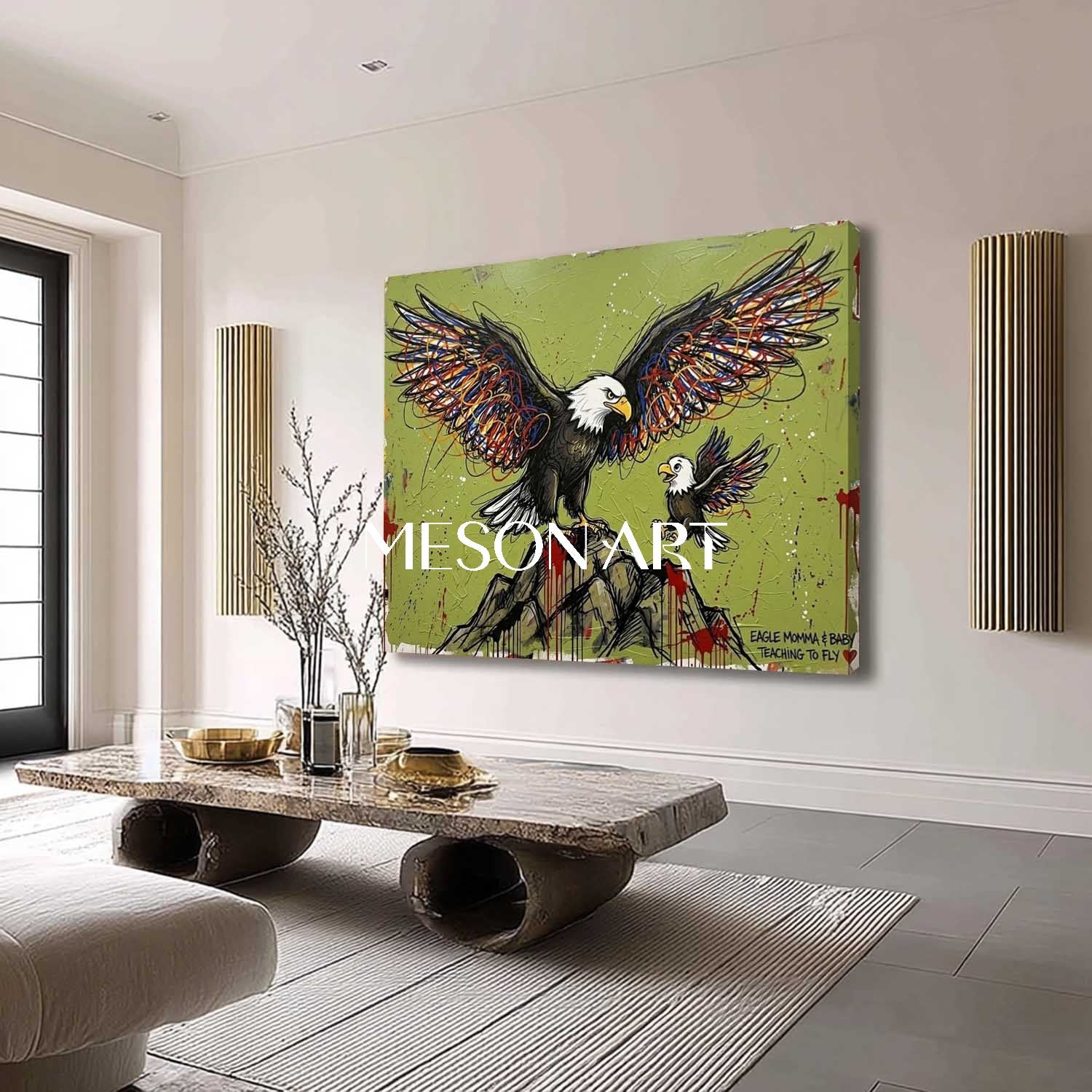 Modern Graffiti Bald Eagle Mother & Baby Teaching to Fly Canvas Wall Art