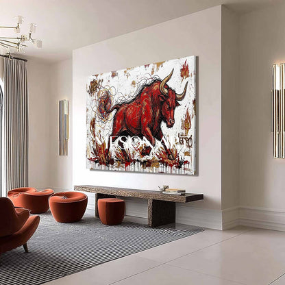 Aggro Red Bull Graffiti Canvas Painting 3D Textured Modern Wall Art for Office & Living Room