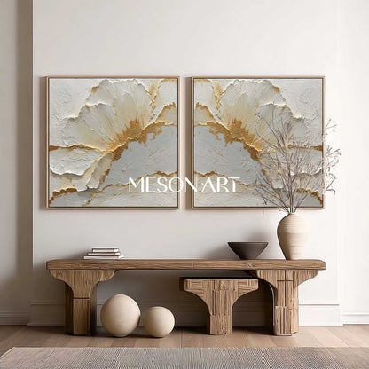 Large Gold and White Plaster Canvas Wall Art Set of 2 Textured Flower Paintings for Modern Decor