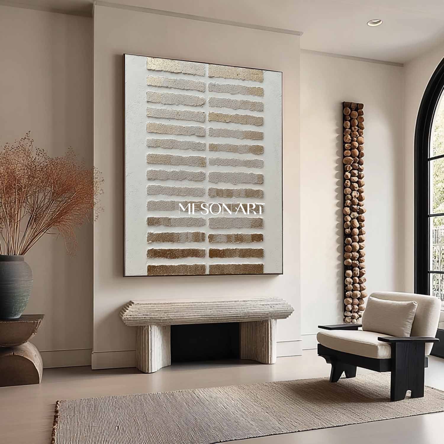 Golden rectangle abstract texture painting. Gold and white minimalist canvas wall art decoration