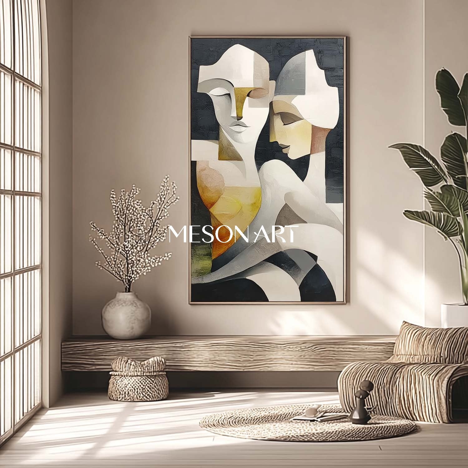 Vertical Textured Cubist Abstract Couple Large Canvas Oil Painting 