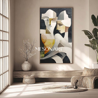Vertical Textured Cubist Abstract Couple Large Canvas Oil Painting 
