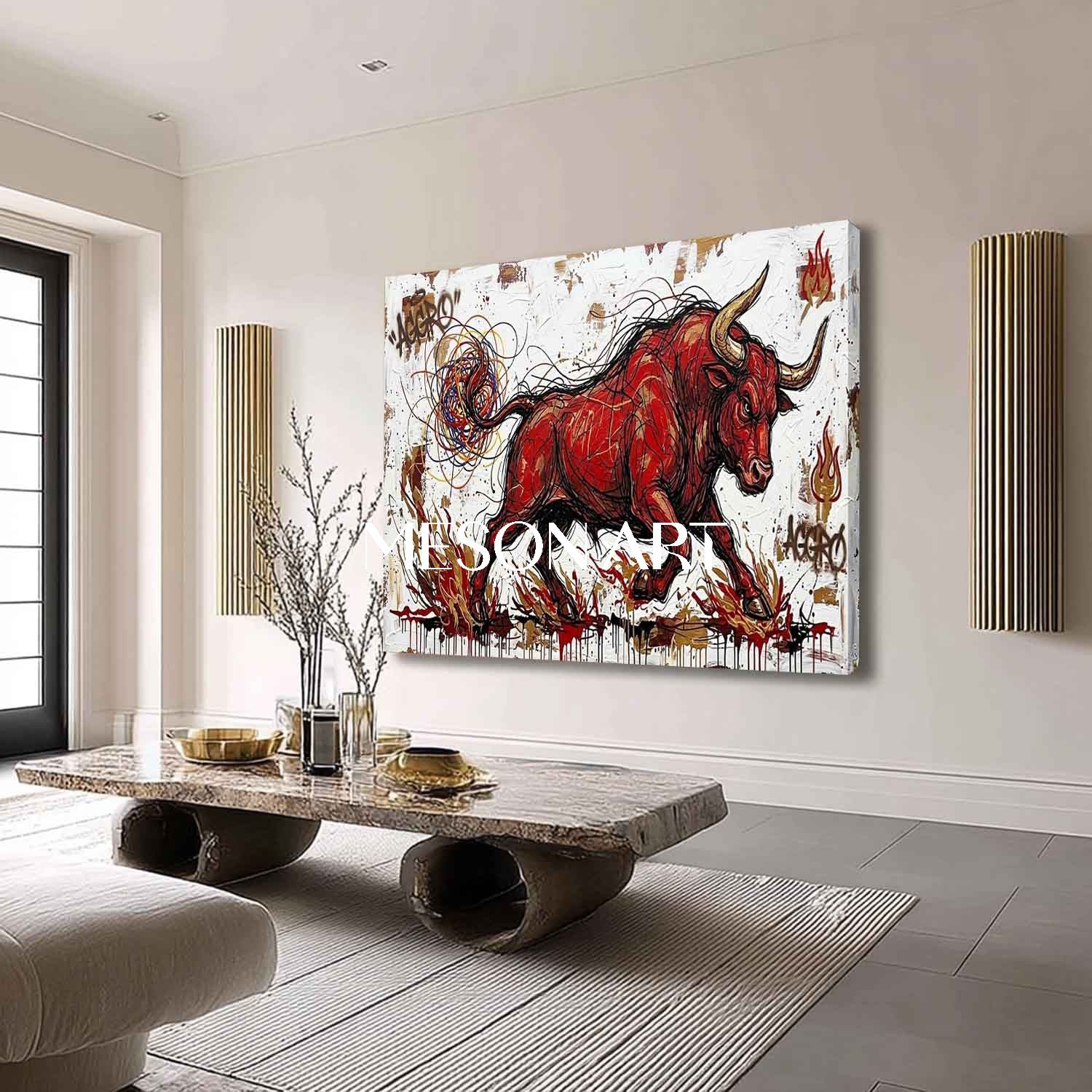 Aggro Red Bull Graffiti Canvas Painting 3D Textured Modern Wall Art for Office & Living Room