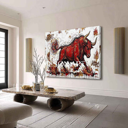 Aggro Red Bull Graffiti Canvas Painting 3D Textured Modern Wall Art for Office & Living Room