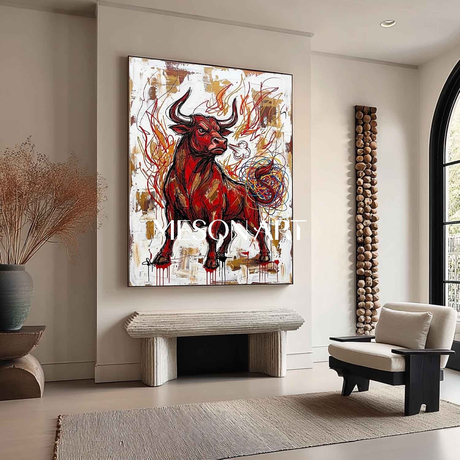 Angry Red Bull Heavily Textured Abstract Modern Oil Painting, Gold Framed Canvas Wall Art for Living Room and Office Decor.