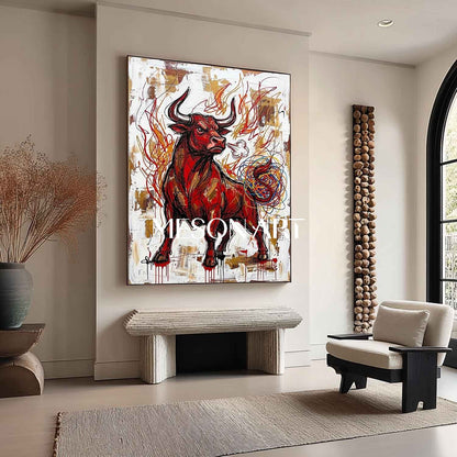 Angry Red Bull Heavily Textured Abstract Modern Oil Painting, Gold Framed Canvas Wall Art for Living Room and Office Decor.