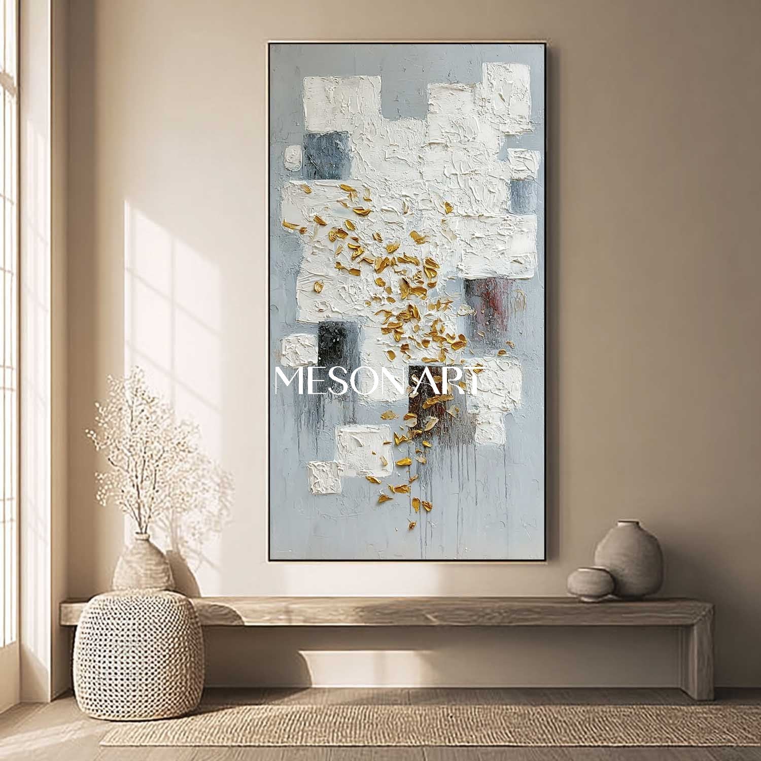 Vertical Abstract Painting White Blocks with Gold Textured Wall Art