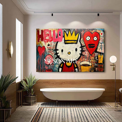 Red Pop Art Graffiti Cat Oil Painting Handmade Wall Art Decor Bedroom