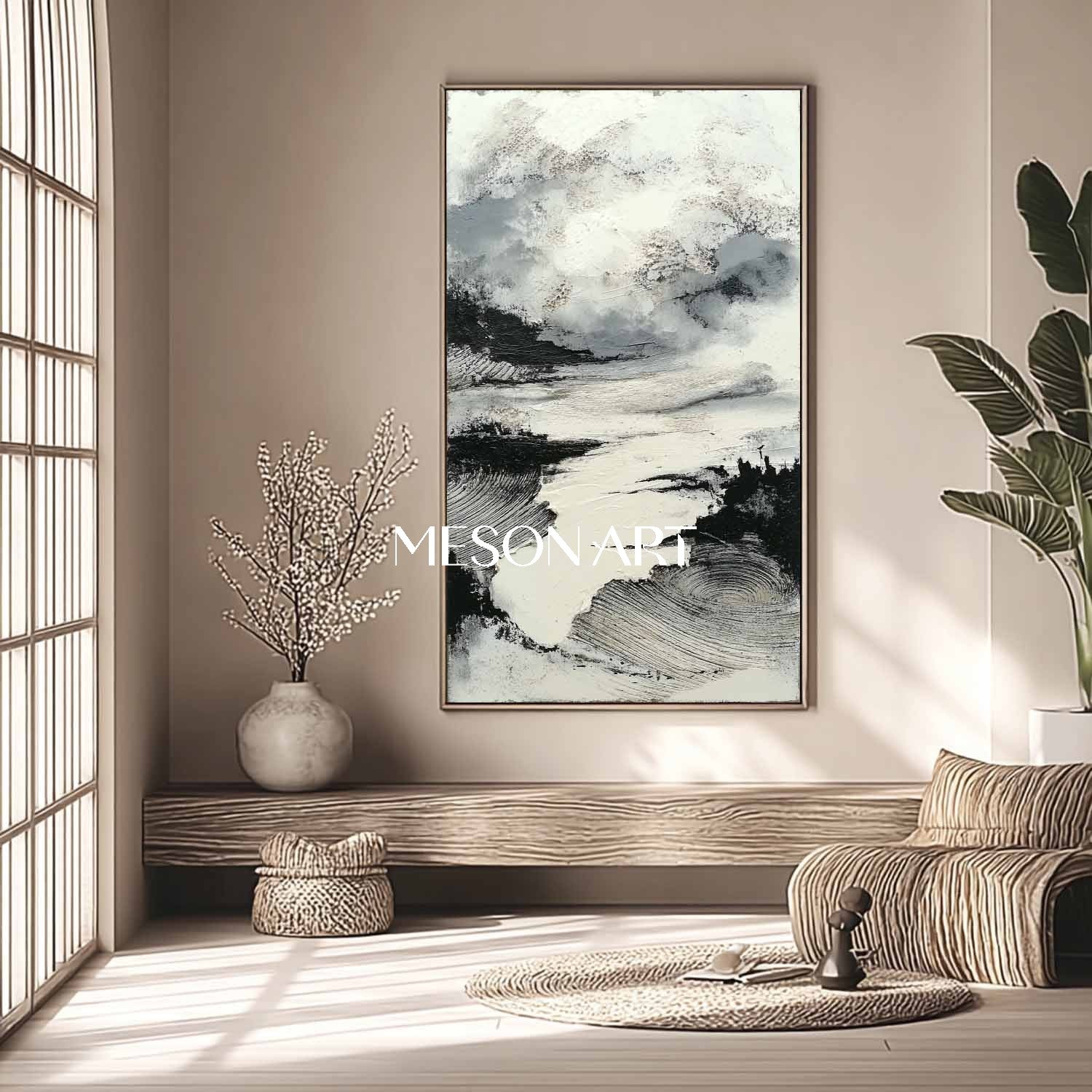 Modern Wabi Sabi Wall Art Vertical Black Textured Painting Enterway