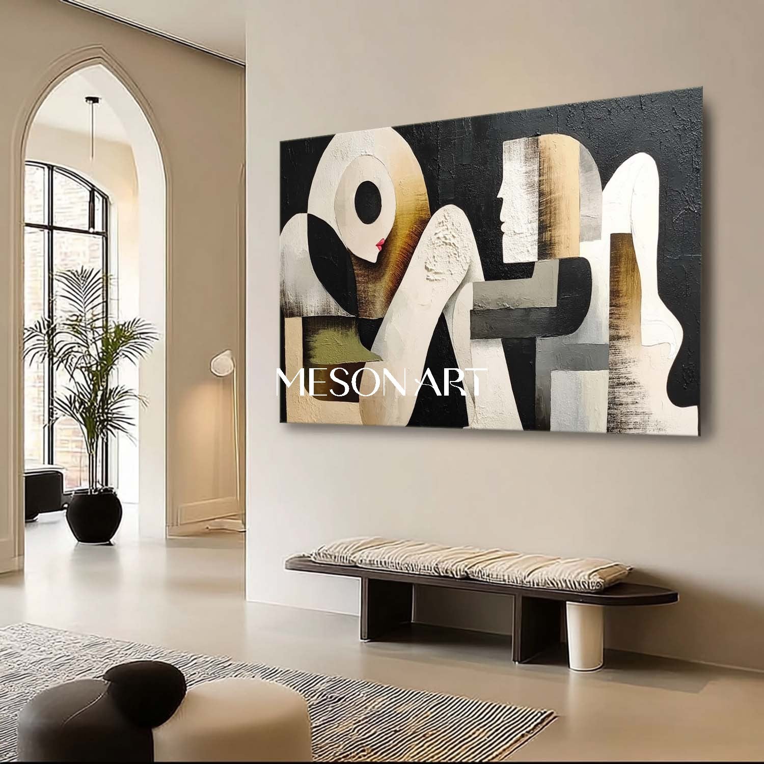 Contemporary Black and White Abstract Art Geometric Figures Painting