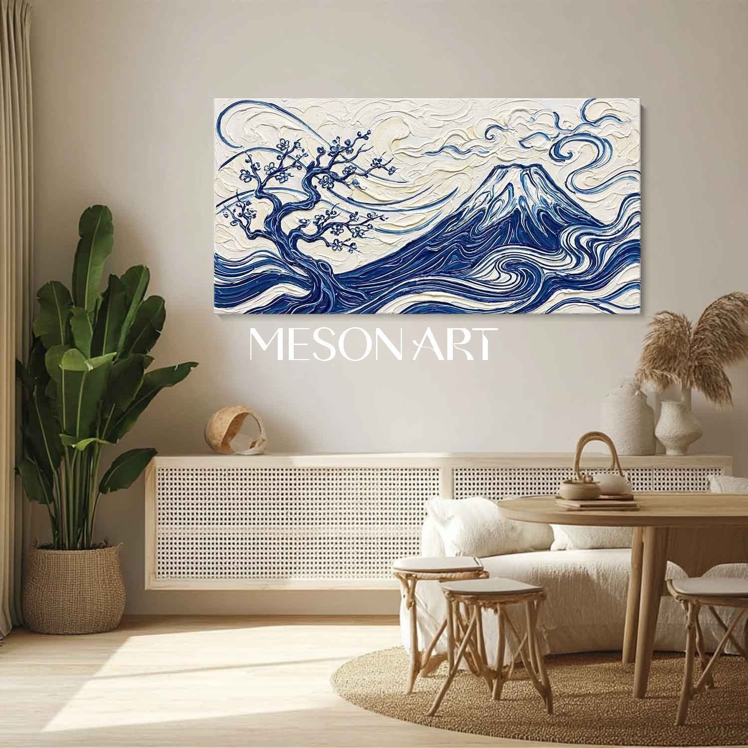 MesonArt 3D Textured Mount Fuji Oil Painting - Blue White Impasto Canvas Wall Art for Living Room