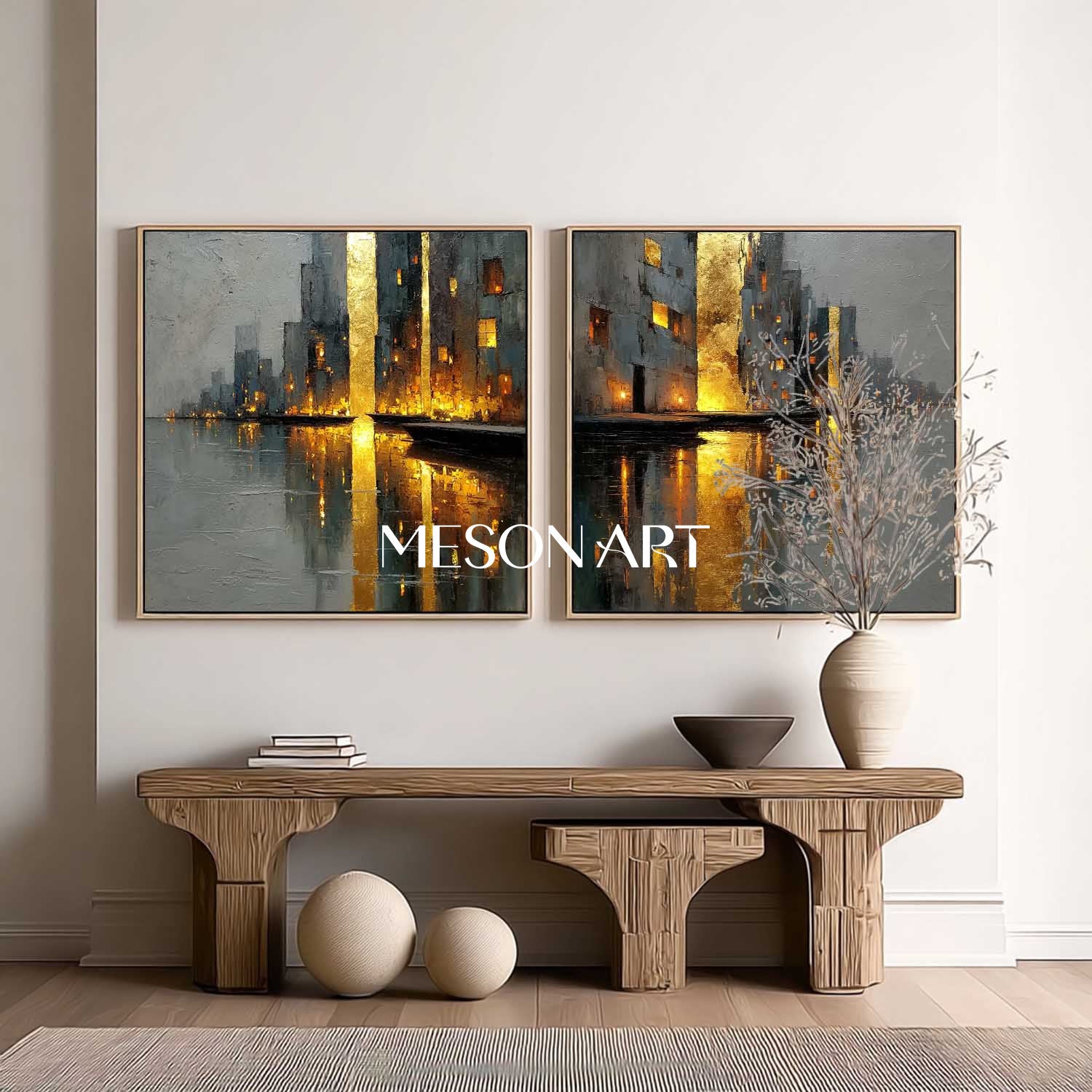 Large Abstract Gold and Grey Cityscape Wall Art Set of 2 Modern Textured Canvas Paintings