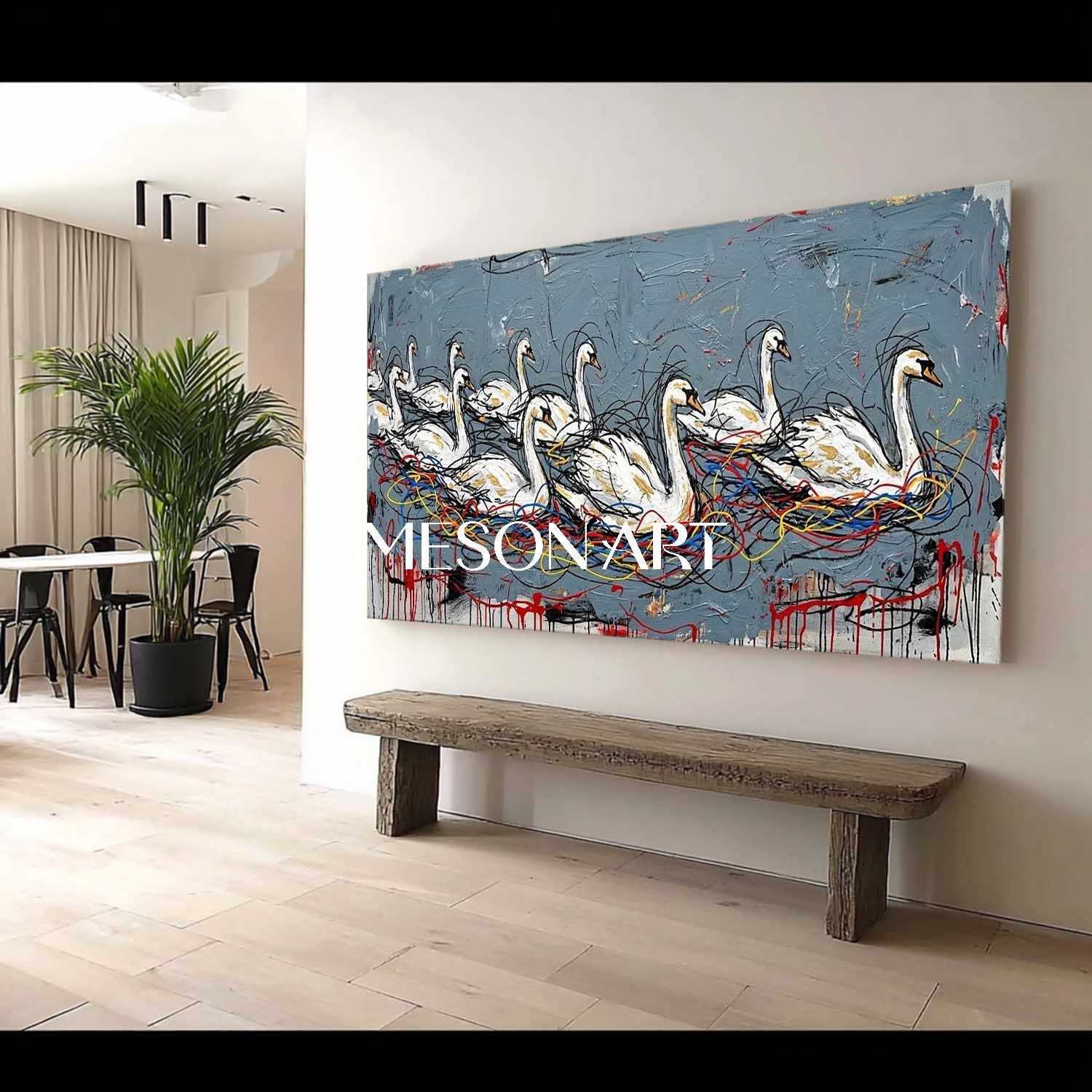 Large Abstract Textured Swan Oil Painting on Canvas by MesonArt - Modern Grey and White Expressive Wall Art
