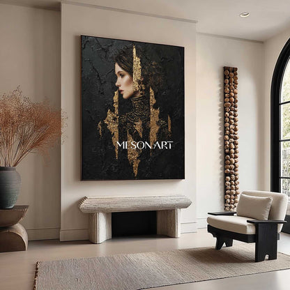 Black and Gold Lady Abstract Portrait Art for Sale Pretty Woman Portrait Texture Painting