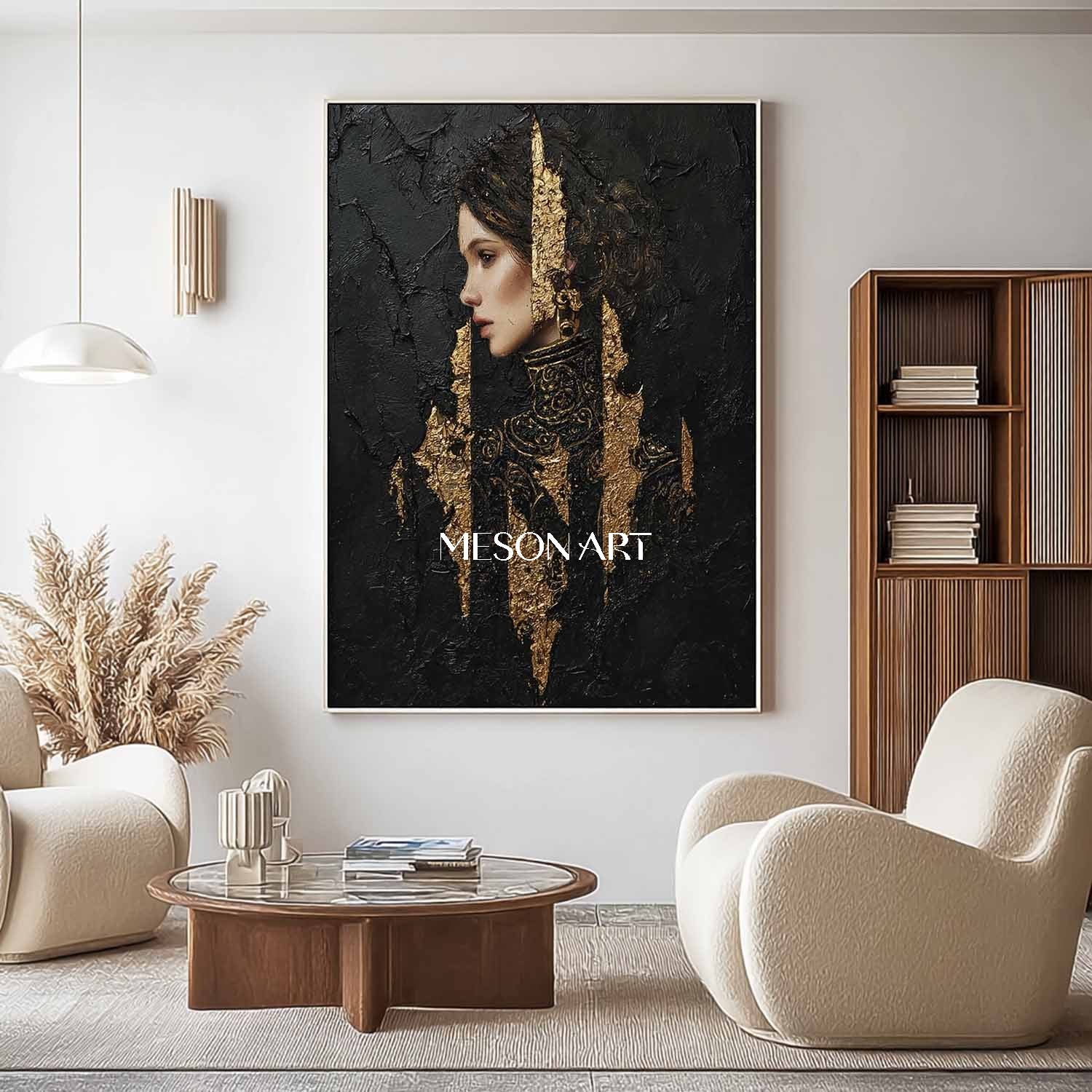 Black and Gold Lady Abstract Portrait Art for Sale Pretty Woman Portrait Texture Painting