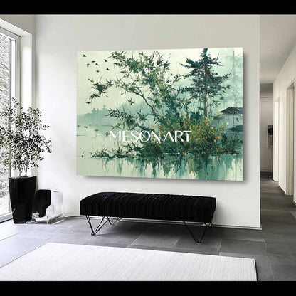 Japanese Wabi-Sabi Wall Art – Textured Nature Scene in Greens