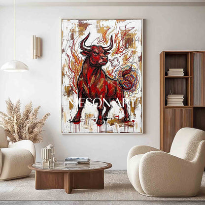Angry Red Bull Heavily Textured Abstract Modern Oil Painting, Gold Framed Canvas Wall Art for Living Room and Office Decor.