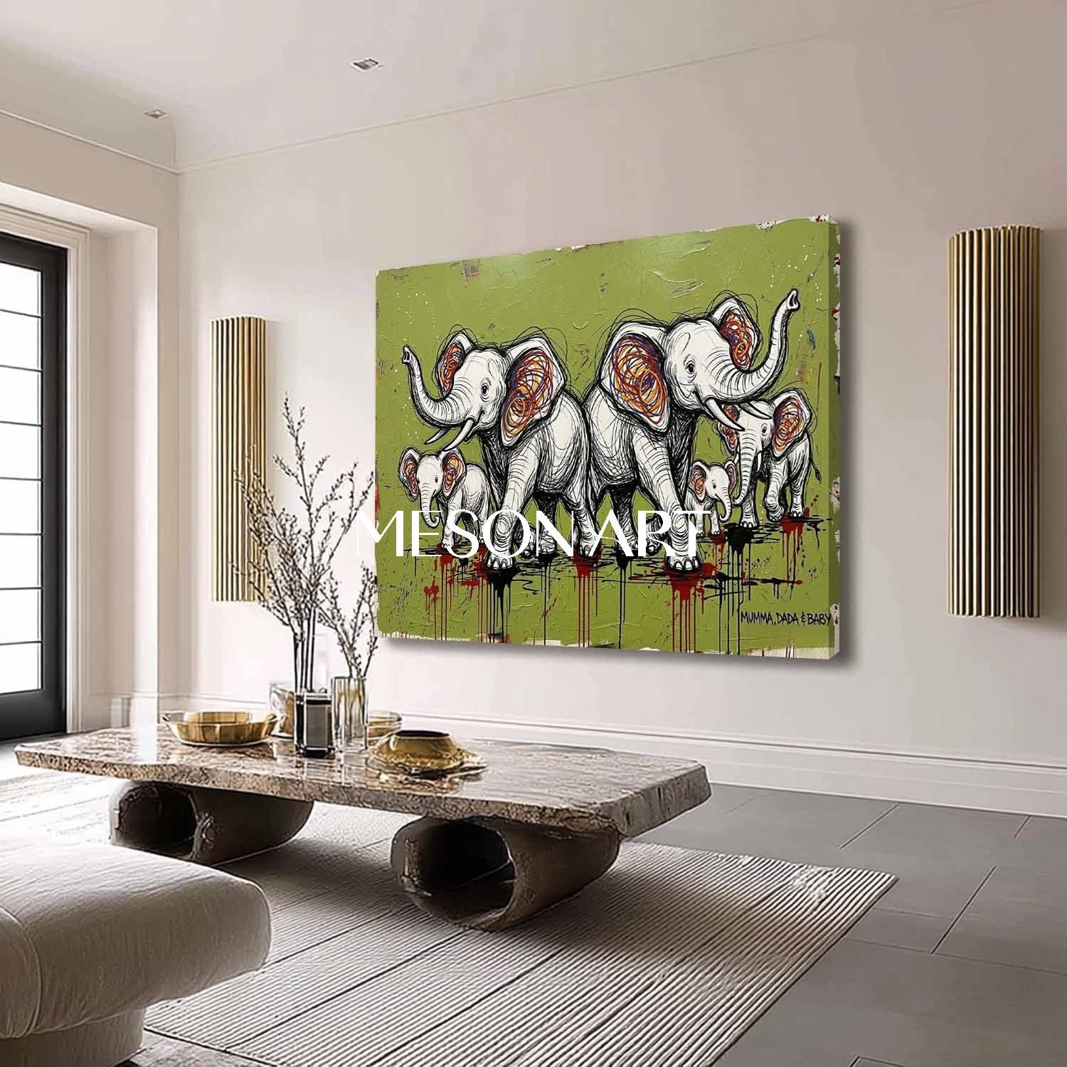 Large Elephant Art Canvas Olive Green Background Contemporary Animal Art