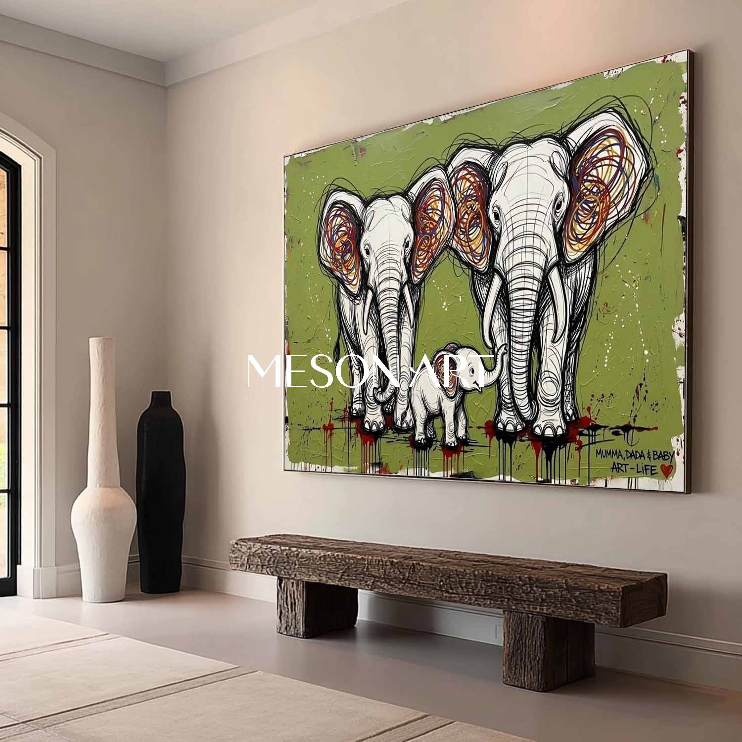 Textured Elephant Family Canvas Wall Art, 3D Pop Street Art For Living Room & Nursery Decor - MesonArt