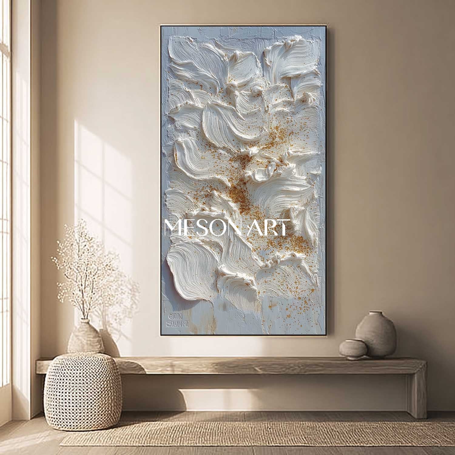 Vertical Abstract Painting White Petals Gold Textured Impasto Wall Art