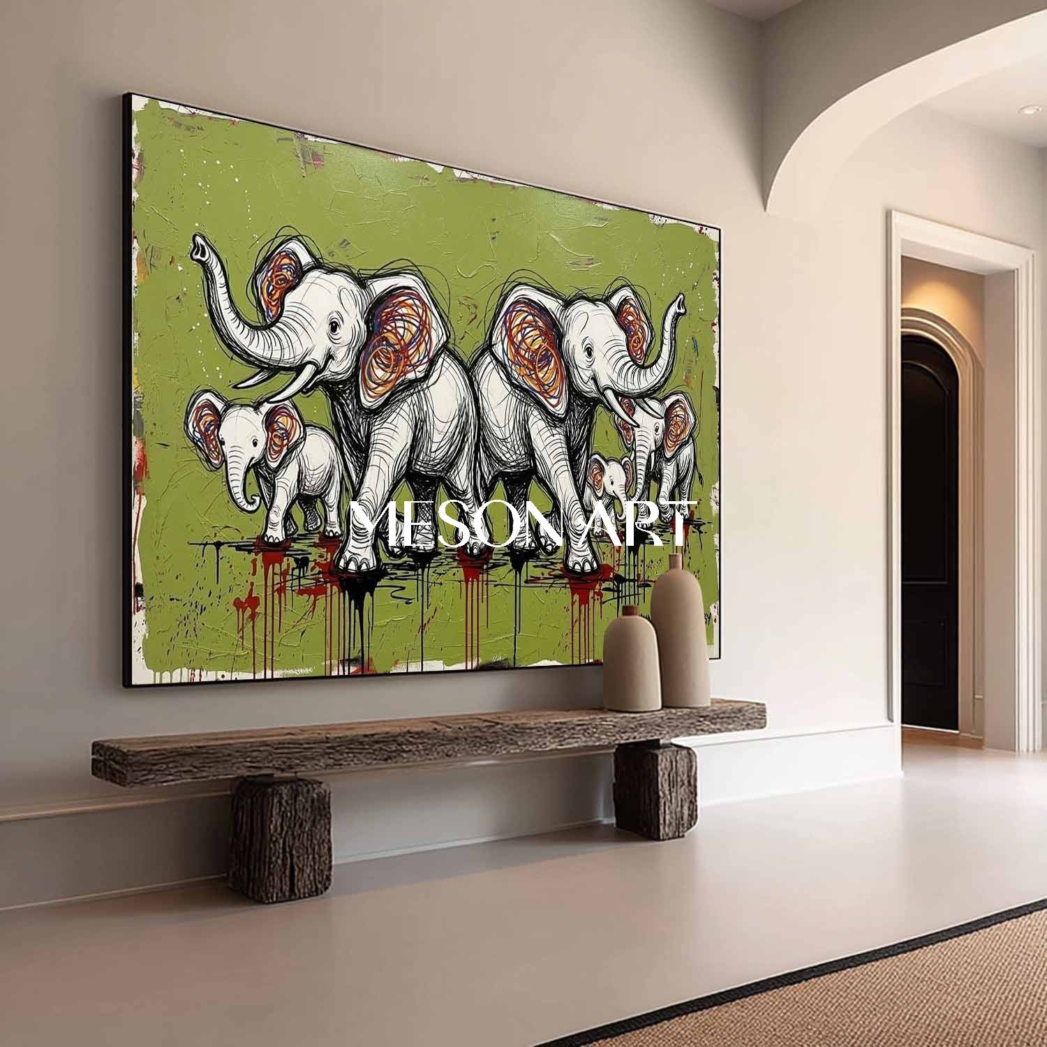 Large Elephant Art Canvas Olive Green Background Contemporary