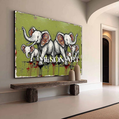 Large Elephant Art Canvas Olive Green Background Contemporary Animal Art