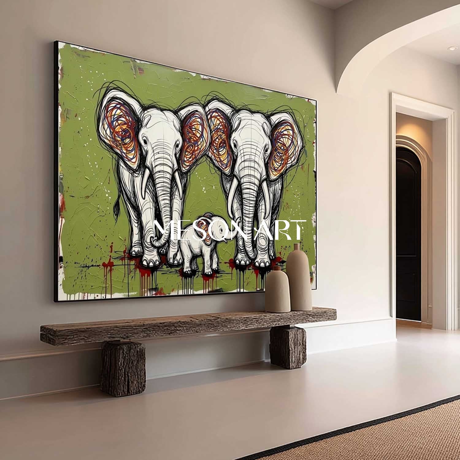 Textured Elephant Family Canvas Wall Art, 3D Pop Street Art For Living Room & Nursery Decor - MesonArt
