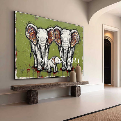 Textured Elephant Family Canvas Wall Art, 3D Pop Street Art For Living Room & Nursery Decor - MesonArt