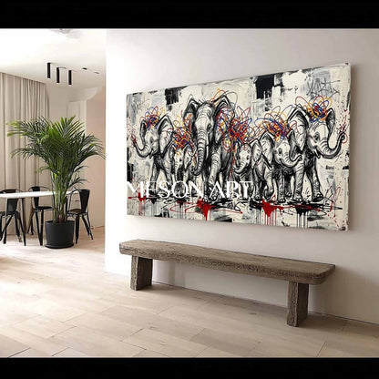 Modern Abstract Elephant Family Canvas Painting Graffiti Animal Wall Decor