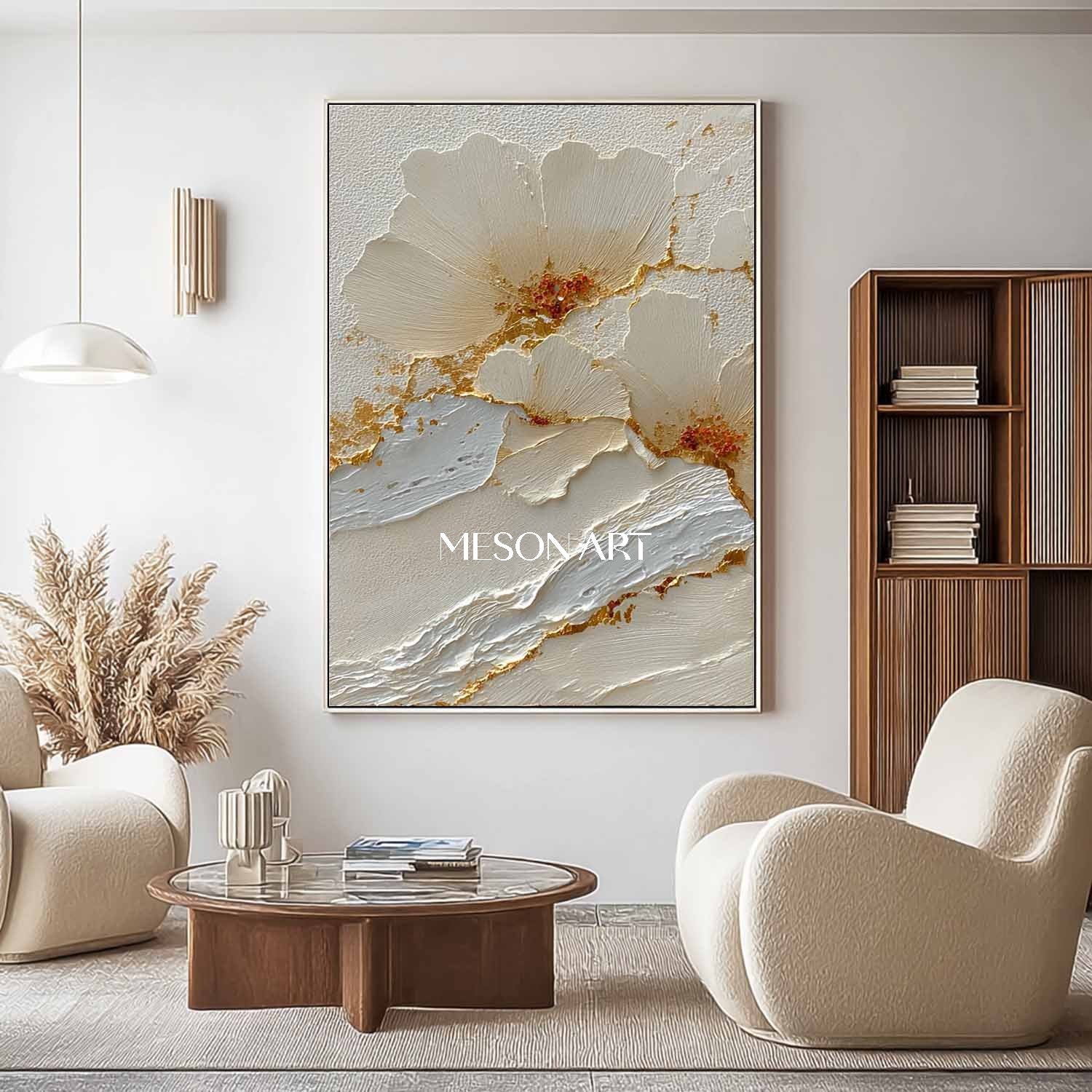 Gold and white flowers plaster art white flowers wall art decor Flowers texture canvas painting