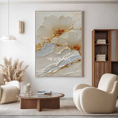 Gold and white flowers plaster art white flowers wall art decor Flowers texture canvas painting