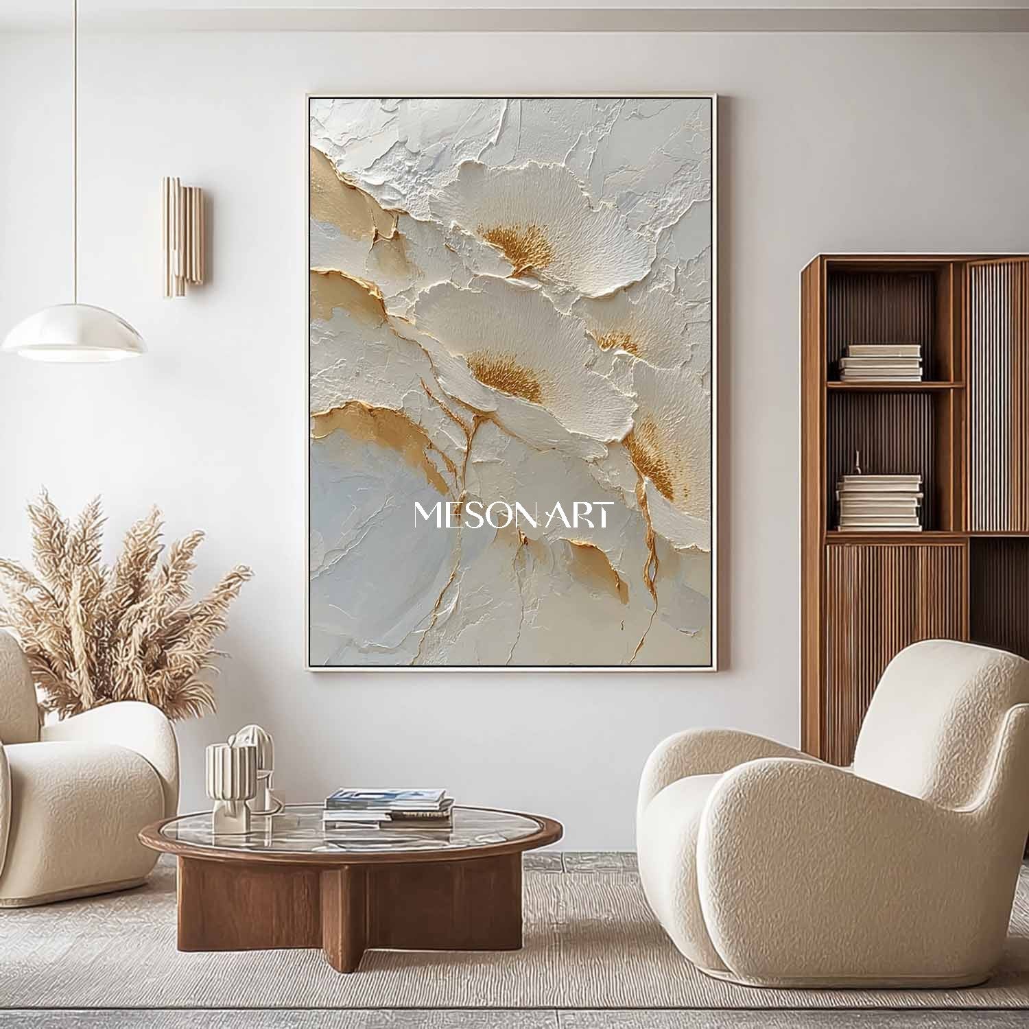 Gold and White Flowers Plaster Canvas Art Decoration White Flowers Wall Art Flowers Texture Painting