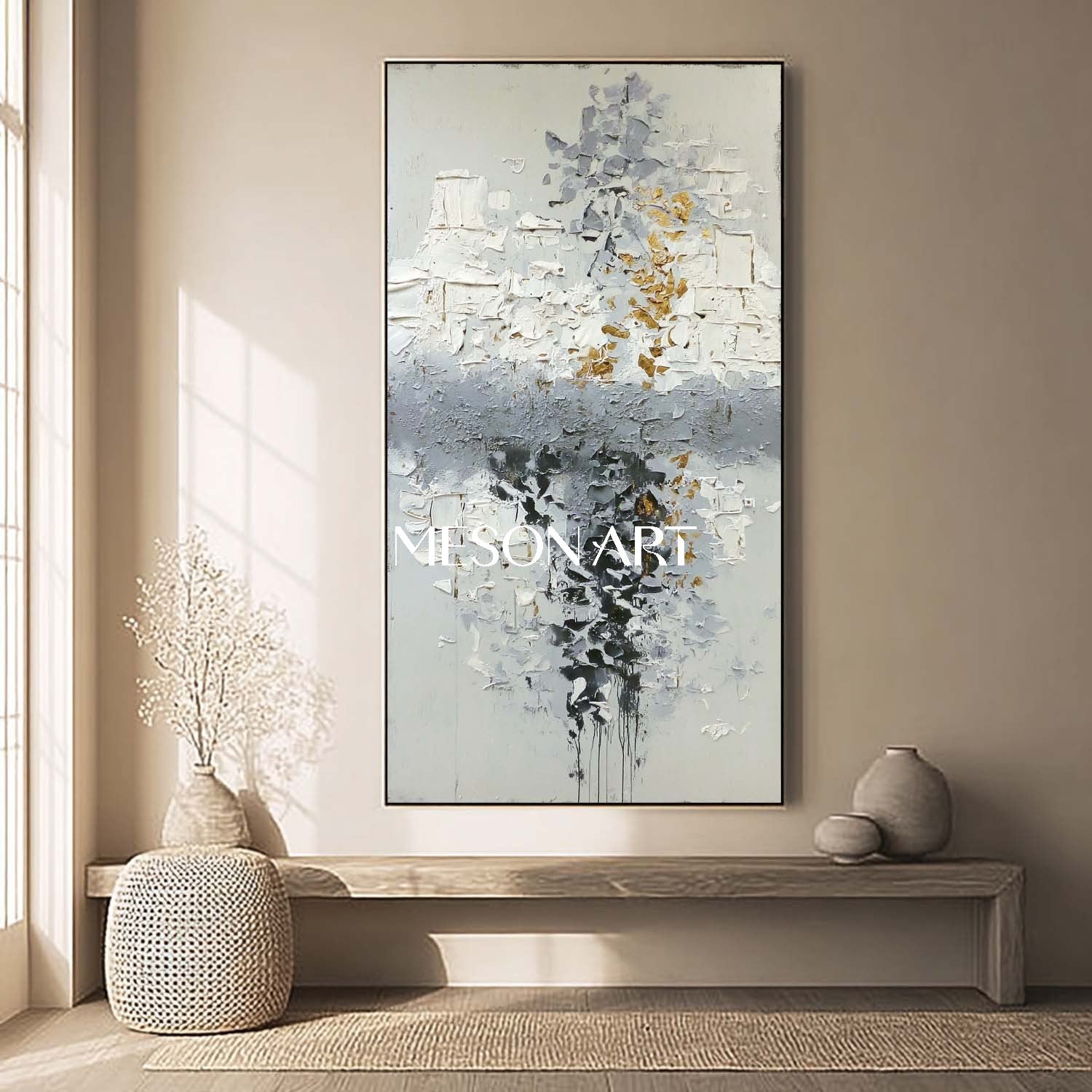 Vertical Abstract Painting Grey White Gold Textured Canvas Wall Decor