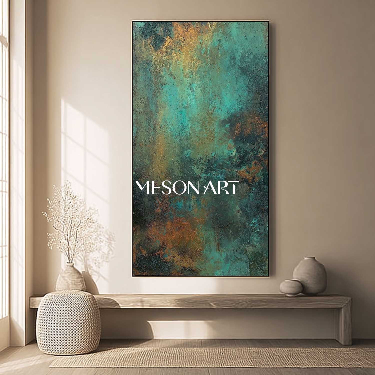 Large Green and Bronze Abstract Art for  50” x 100” Hallway or Corridor Wall Decoration 