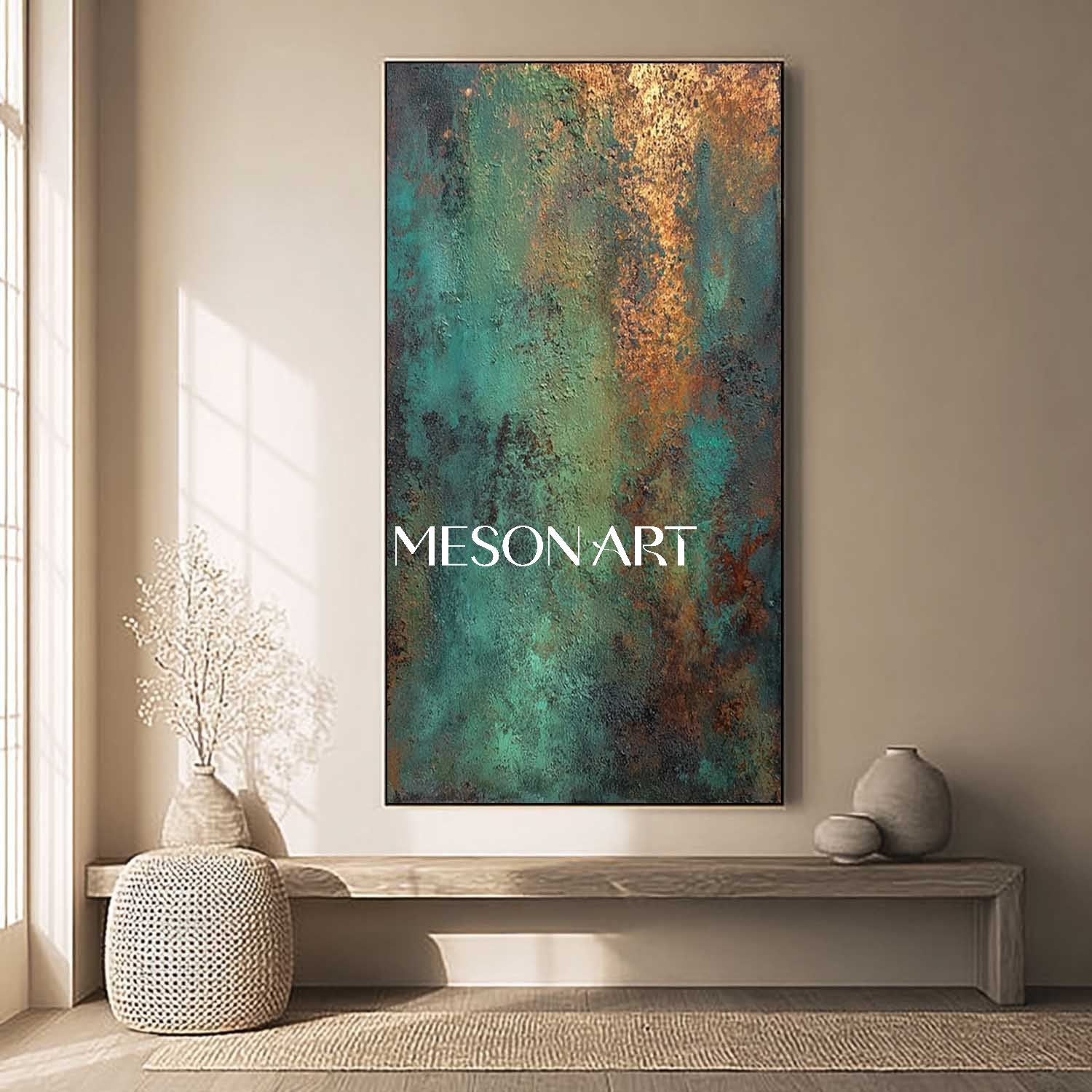 Large Green and Bronze Abstract Art Canvas On Sale Entryway Wall Decor