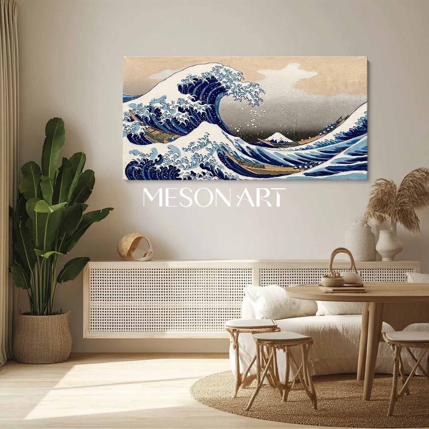 MesonArt 3D Textured Great Wave Oil Painting | Hokusai Reproduction Canvas Wall Art | Gold Framed Japandi Decor