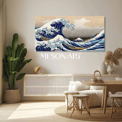 MesonArt 3D Textured Great Wave Oil Painting | Hokusai Reproduction Canvas Wall Art | Gold Framed Japandi Decor