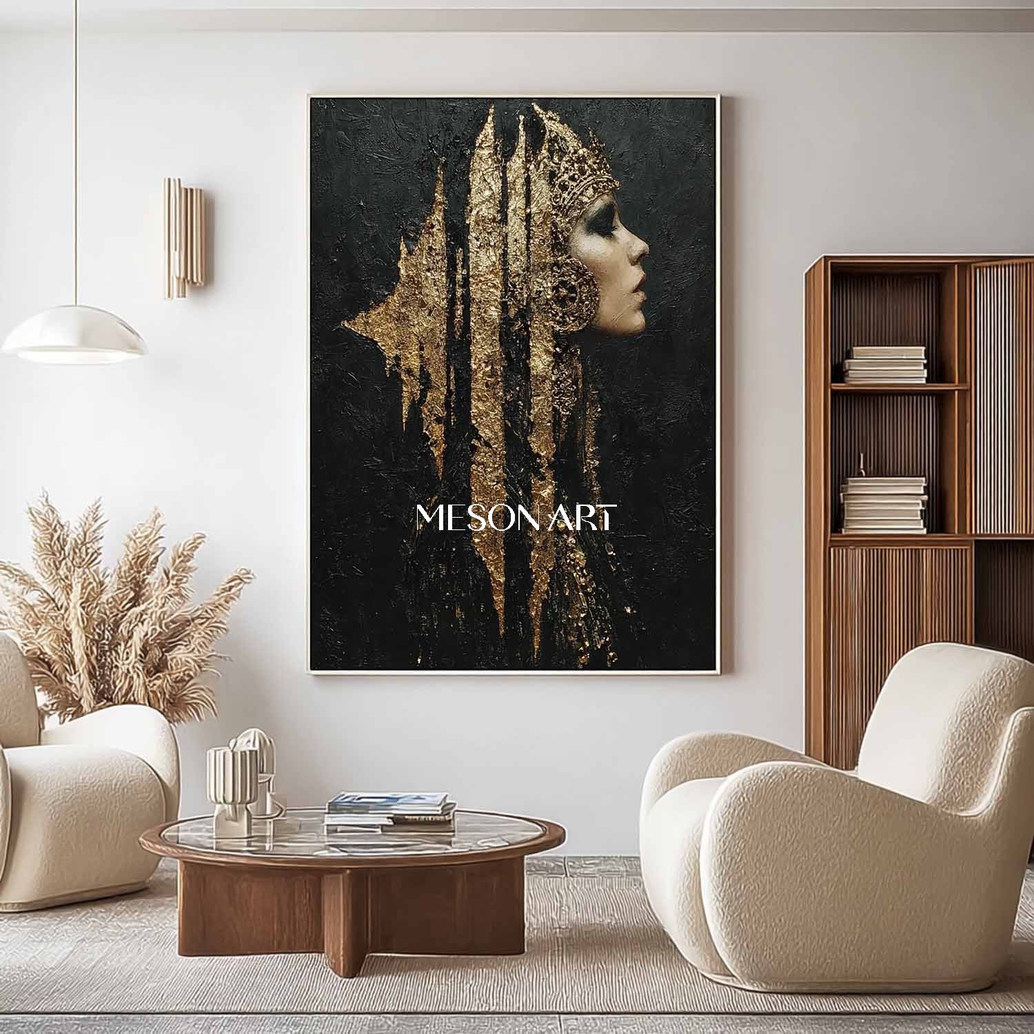 Pretty Woman Portrait Texture Paintings Black and Gold Lady Abstract Portrait Canvas Art for Sale