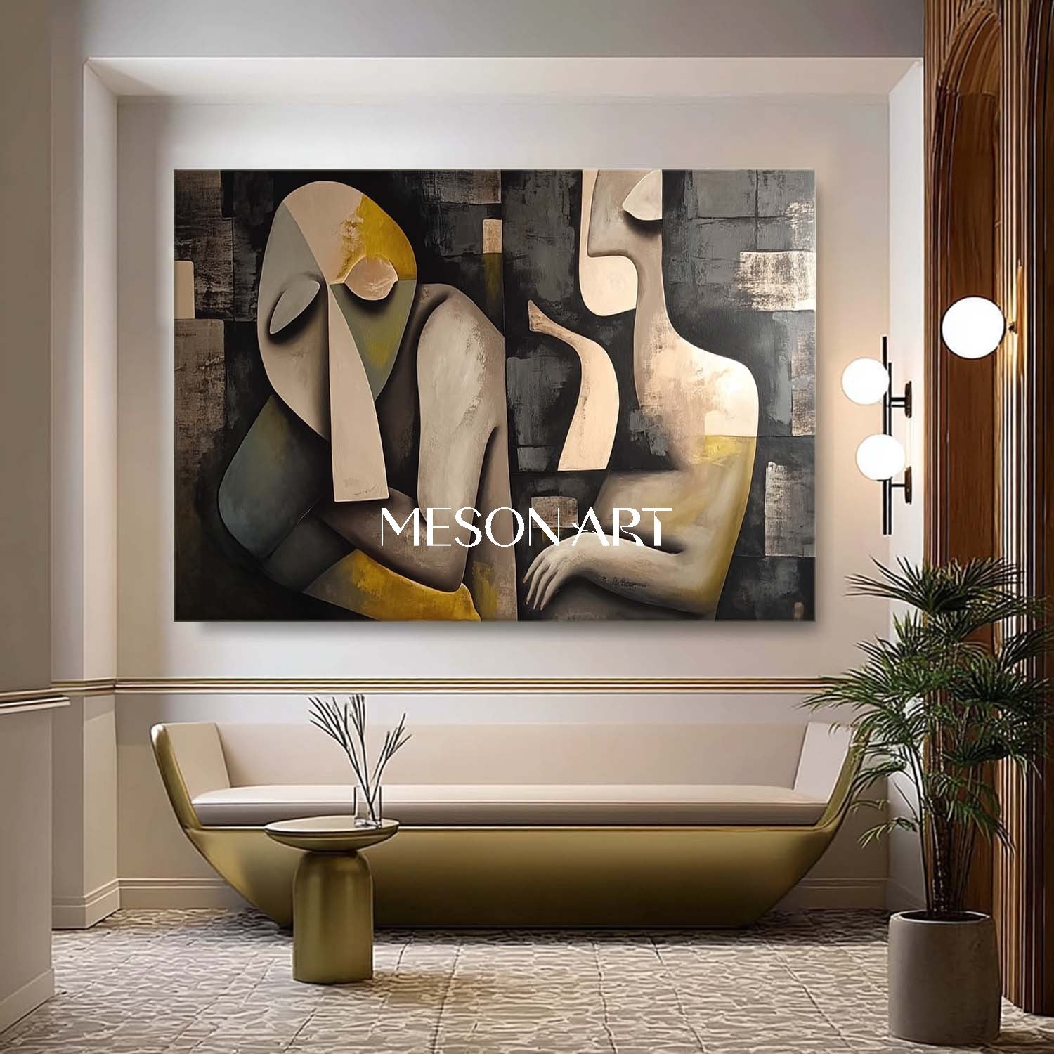 Large Picasso Style Abstract Cubism Wall Art Black Textured Painting