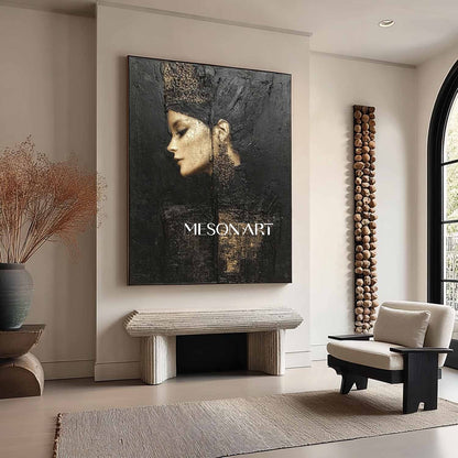 Pretty Woman Abstract Portrait Painting Black and Gold Lady Portrait Textured Canvas Art for Sale