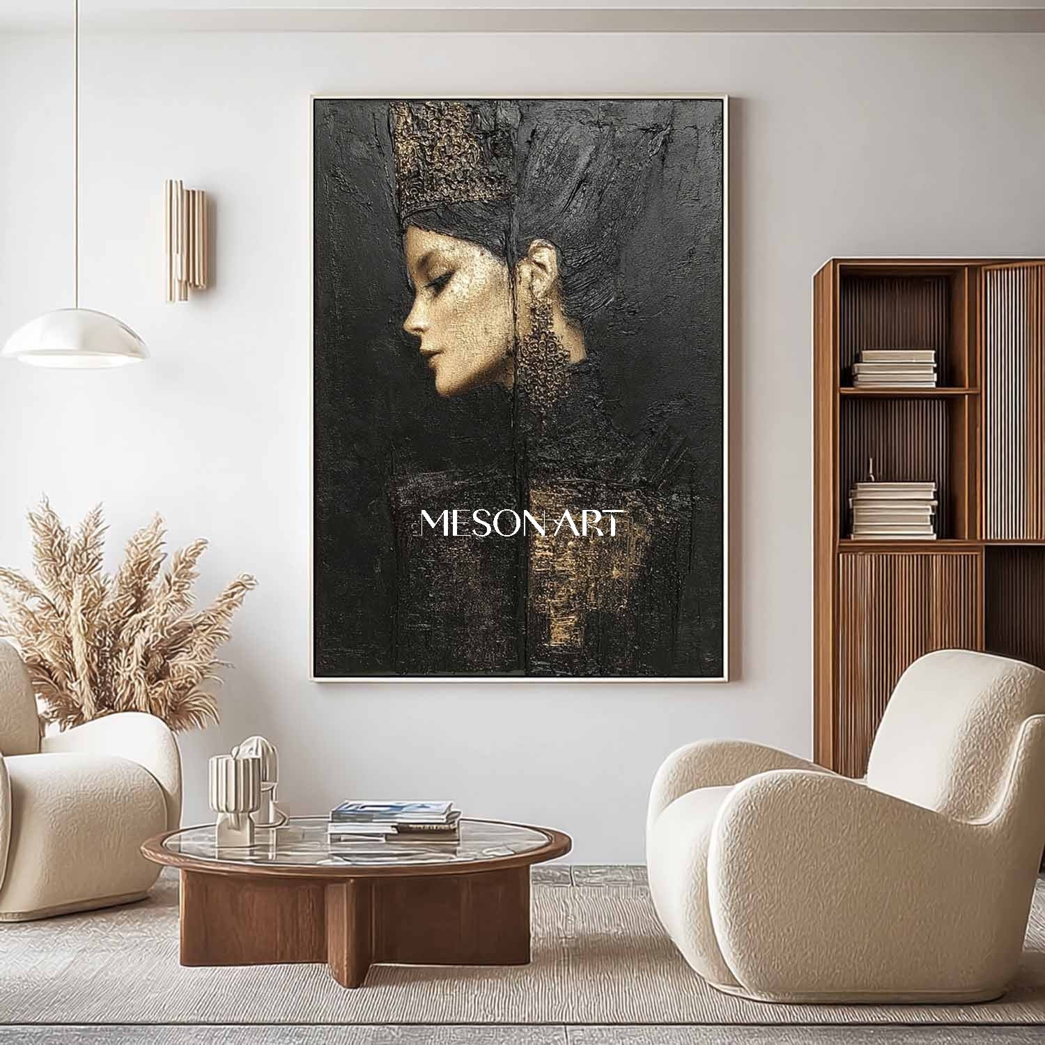 Pretty Woman Abstract Portrait Painting Black and Gold Lady Portrait Textured Canvas Art for Sale