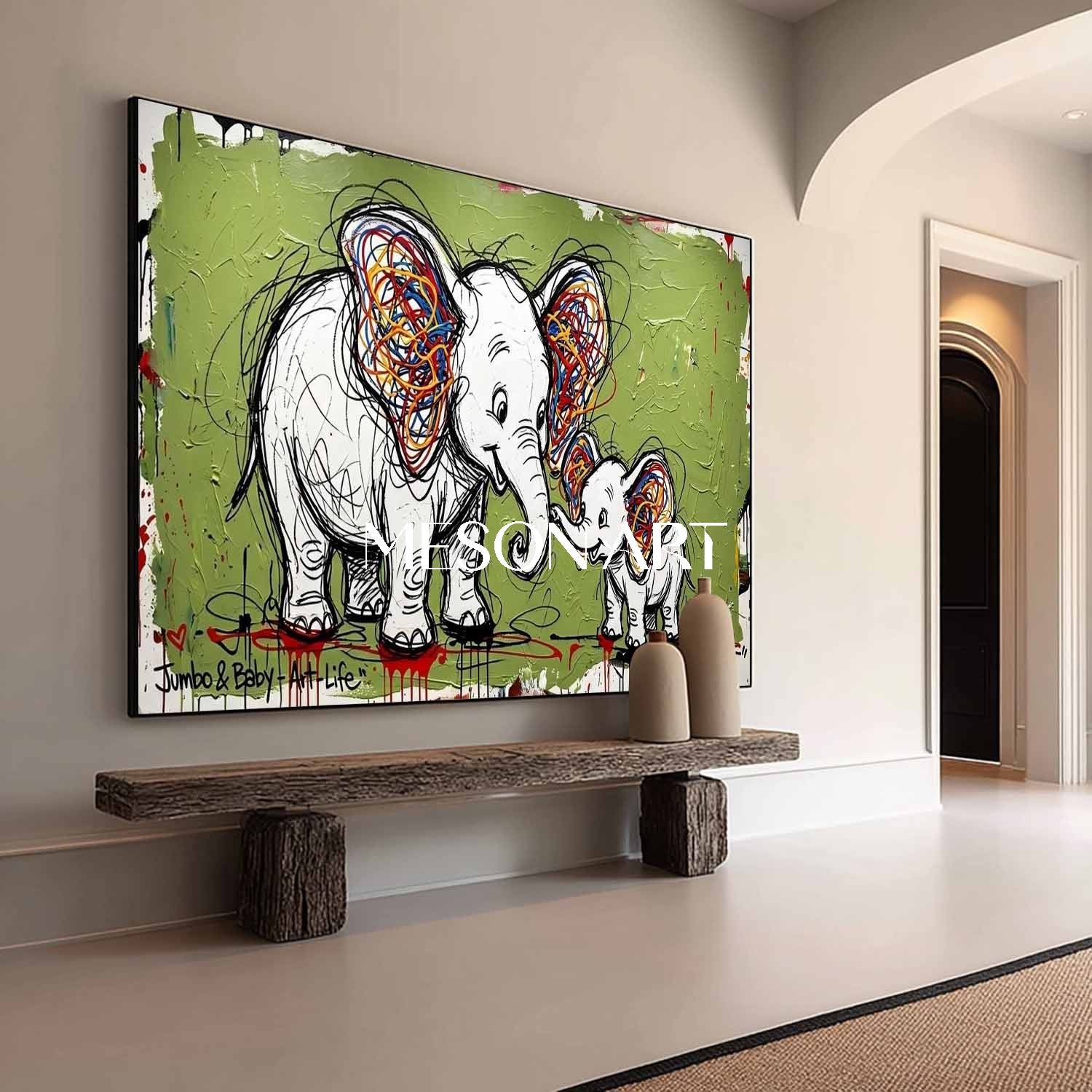Avocado Green Elephant Canvas Art Abstract Elephant Graffiti Painting for Sale