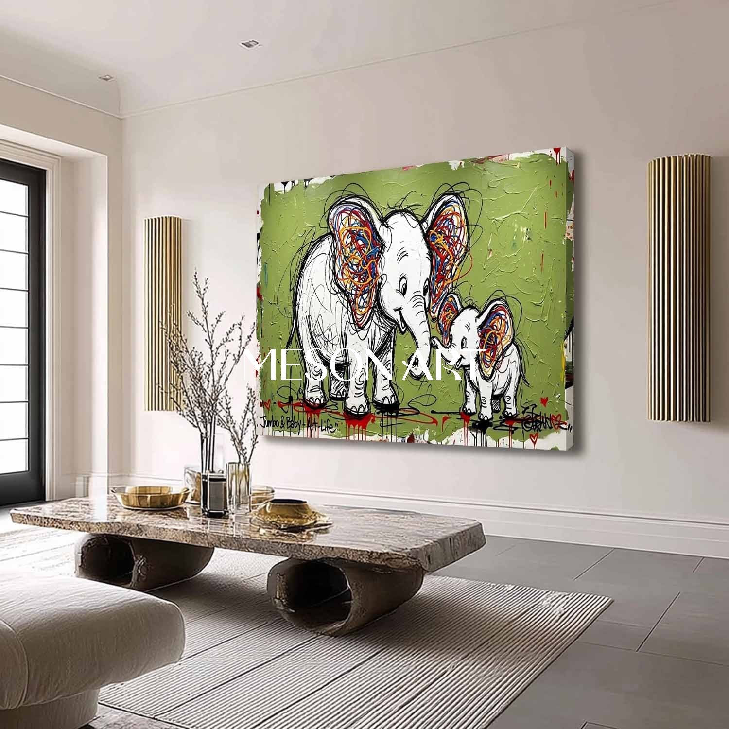 Avocado Green Elephant Canvas Art Abstract Elephant Graffiti Painting for Sale