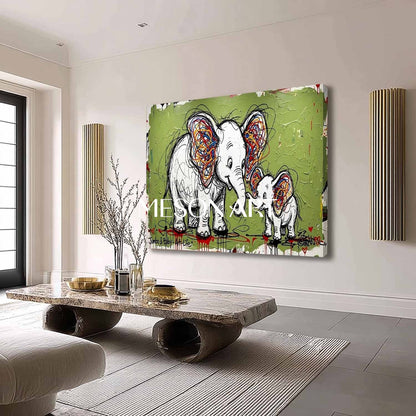 Avocado Green Elephant Canvas Art Abstract Elephant Graffiti Painting for Sale