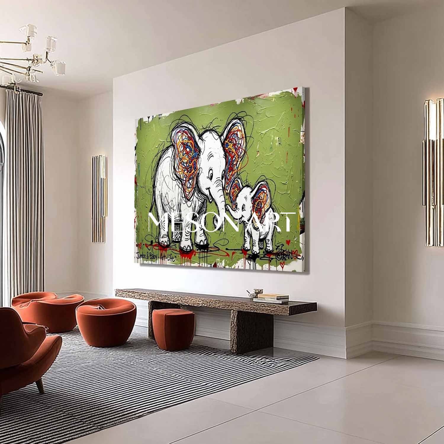 Avocado Green Elephant Canvas Art Abstract Elephant Graffiti Painting for Sale